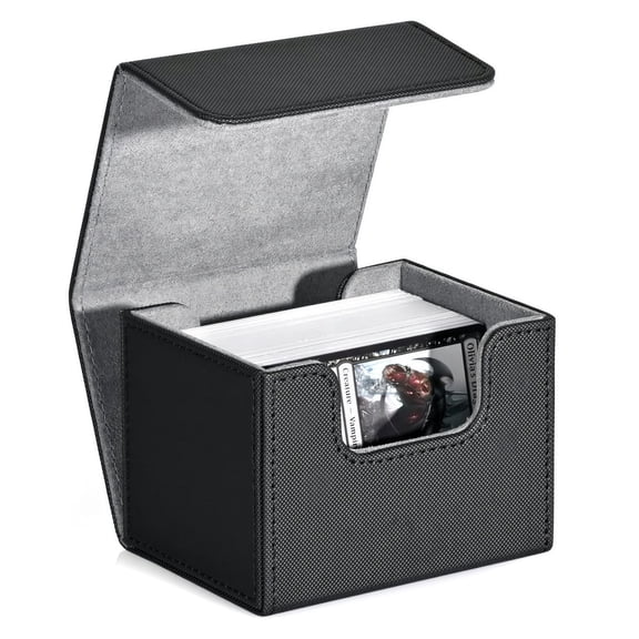 MUNDIDO Card Deck Box for Trading Cards, Box Holds 120+ Single Sleeved Cards, Leather Magnetic Card Storage Box Fits for TCG CCG Magic Cards (Black)