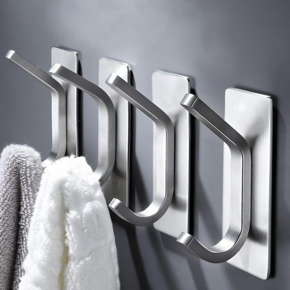 MUNDIDO Adhesive Towel Hooks for Bathroom - 4 Pack Heavy Duty Stick on Wall Hooks, Waterproof Robe/Coat Hangers for Kitchen, Shower (Silver, Stainless Steel)