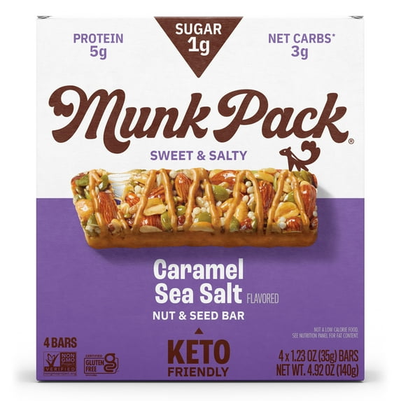 MUNK PACK 1g Sugar Nut & Seed Bars, Caramel Sea Salt - Low Carb Keto Bars, Low Sugar Snacks, Gluten Free - Box, 4 Count, 1.23oz