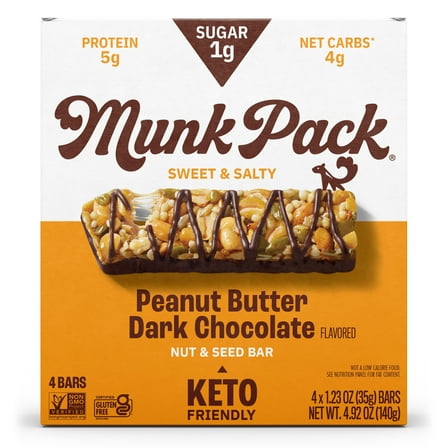 MUNK PACK 1g Sugar Nut & Seed Bars, Peanut Butter Dark Chocolate - Low Carb Keto Bars, Low Sugar Snacks, Gluten Free - Box, 4 Count, 1.23oz