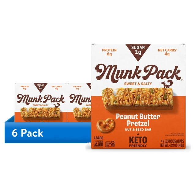 (6 pack) MUNK PACK 1g Sugar Nut & Seed Bars, Peanut Butter Pretzel
