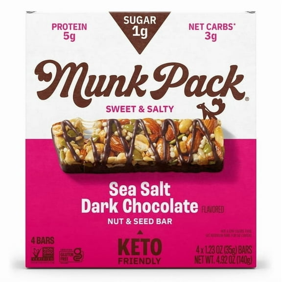 MUNK PACK 1g Sugar Nut & Seed Bars, Sea Salt Dark Chocolate - Low Carb Keto Bars, Low Sugar Snacks, Gluten Free - Box, 4 Count, 1.23oz(2 Packs)