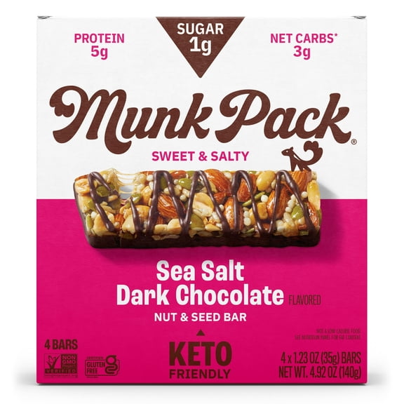 MUNK PACK 1g Sugar Nut & Seed Bars, Sea Salt Dark Chocolate - Low Carb Keto Bars, Low Sugar Snacks, Gluten Free - Box, 4 Count, 1.23oz