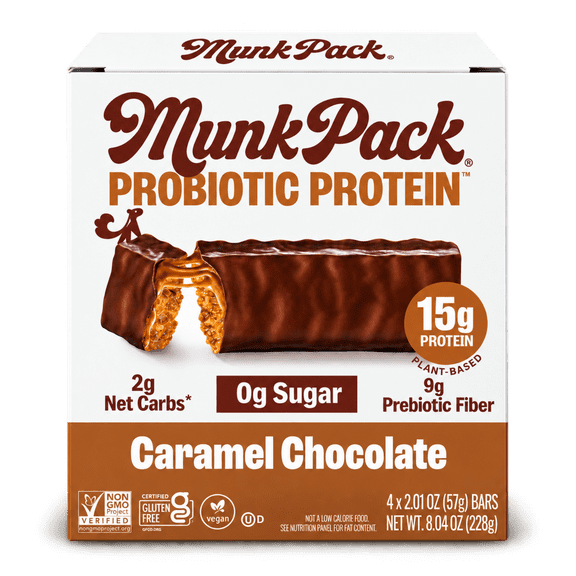 MUNK PACK Probiotic Protein Bars - Caramel Chocolate - 15g Protein - Sugar Free - High-Fiber Vegan Snacks - 4 Count Box