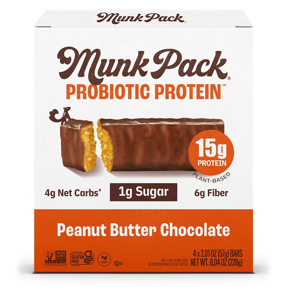 MUNK PACK Probiotic Protein Bars - Peanut Butter Chocolate - 15g Protein - Low Sugar - High-Fiber Vegan Snacks - 4 Count Box