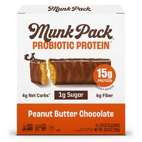 MUNK PACK Probiotic Protein Bars - Peanut Butter Chocolate - 15g Protein - Low Sugar - High-Fiber Vegan Snacks - 4 Count Box
