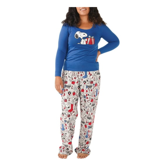MUNKI MUNKI Sets Blue Elastic Band Graphic Long Sleeve Crew Neck T-Shirt Straight leg Holiday Size L