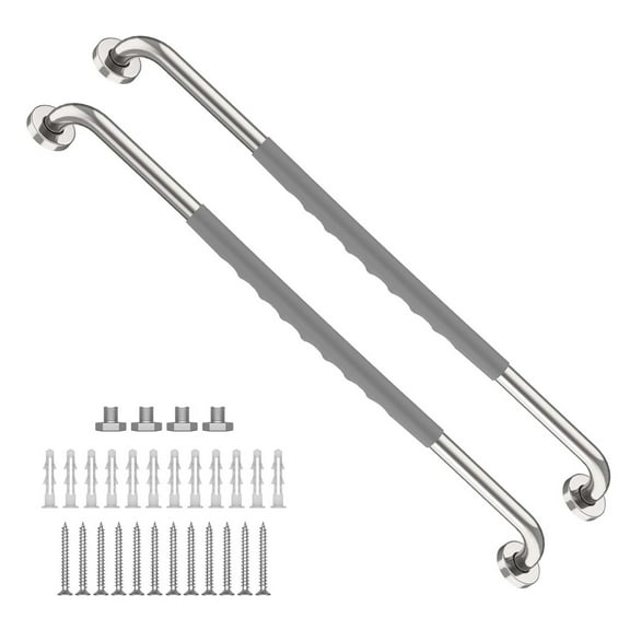 MUNZONG 32in Chrome Shower Grab Bar w/ Gray Anti-Slip Rubber Grip 2-Pack