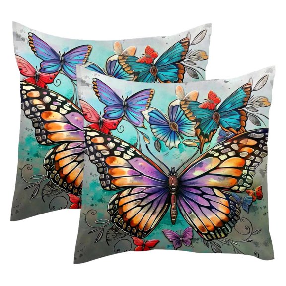 MUOOUM Colorful Butterfly Vintage Set of 2 Throw Pillow Covers Cases - 16" x 16" Square Decorative Cushion Covers for Sofa Couch Bed Home Decoration
