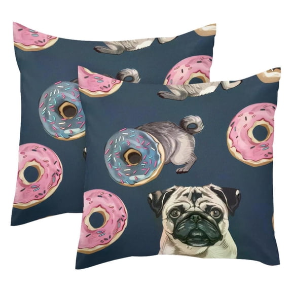 MUOOUM Donuts Pug Dogs Patterns Set of 2 Throw Pillow Covers Cases - 16" x 16" Square Decorative Cushion Covers for Sofa Couch Bed Home Decoration