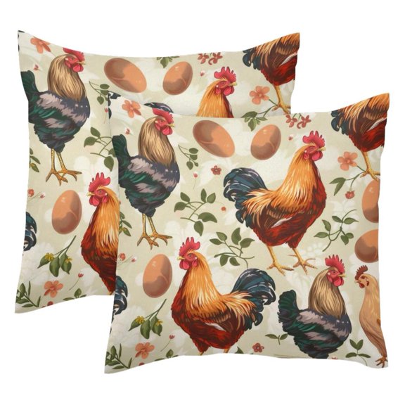 MUOOUM Hens Roosters Chicken Eggs Pattern Set of 2 Throw Pillow Covers Cases - 16" x 16" Square Decorative Cushion Covers for Sofa Couch Bed Home Decoration