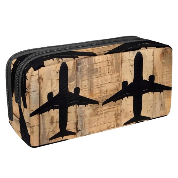 MUOOUM Pencil Case, Airplanes Silhouettes on Wooden Boards Large Capacity Pencil Pouch Stationery Pen Bag