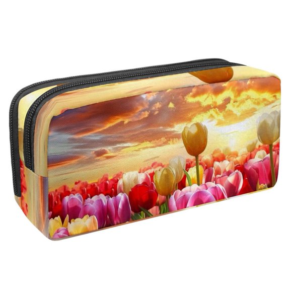 MUOOUM Pencil Case, Beautiful Tulip Floral Sunset Landscape Large Capacity Pencil Pouch Stationery Pen Bag