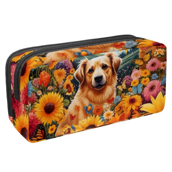 MUOOUM Pencil Case, Dog Sunflower Butterflies Large Capacity Pencil Pouch Stationery Pen Bag