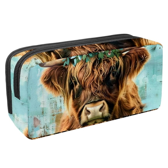 MUOOUM Pencil Case, Farm Rustic Highland Cow Wreath Large Capacity Pencil Pouch Stationery Pen Bag