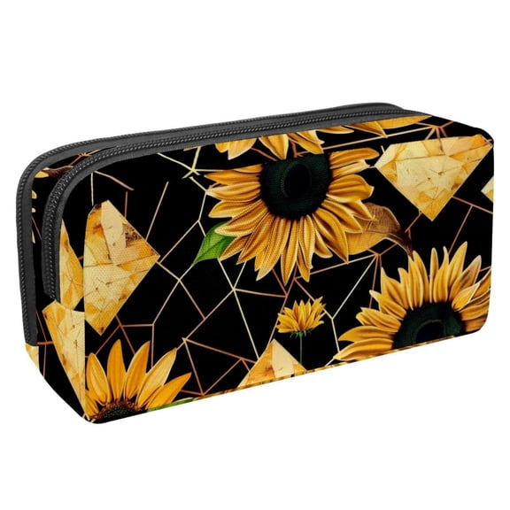MUOOUM Pencil Case, Golden Polygonal Shapes Sunflowers Pattern Large Capacity Pencil Pouch Stationery Pen Bag