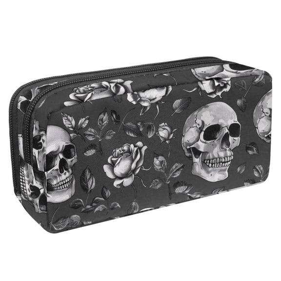 MUOOUM Pencil Case, Grey Skull Rose Patterns Large Capacity Pencil Pouch Stationery Pen Bag
