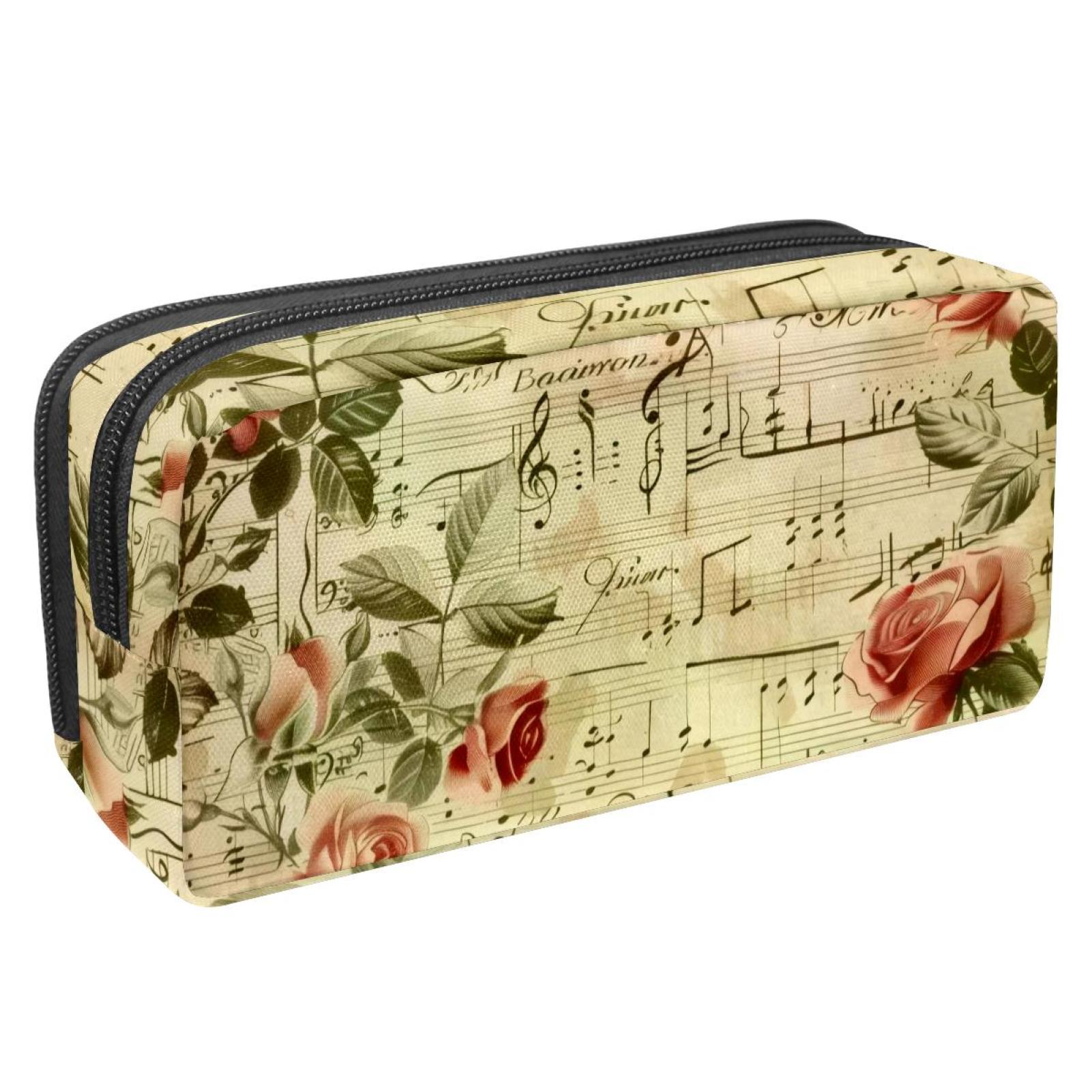Pencil Box Notes MUOOUM Pencil Case, Pink Rose Flower Music Notes Pattern Large Capacity ...