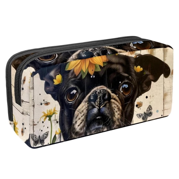 MUOOUM Pencil Case, Pug Dog Sunflower Wooden Board Large Capacity Pencil Pouch Stationery Pen Bag