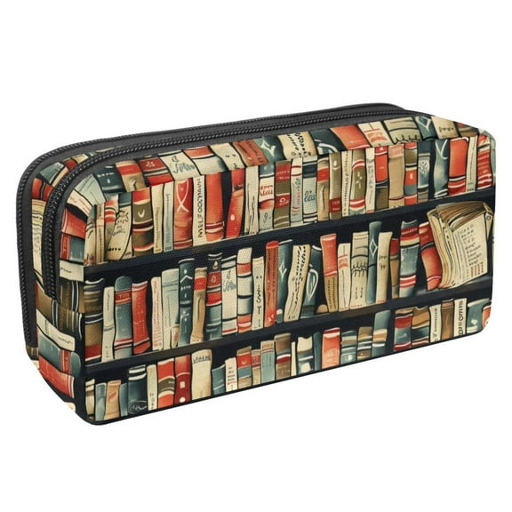 MUOOUM Pencil Case, Retro Bookshelf Patterns Large Capacity Pencil Pouch Stationery Pen Bag