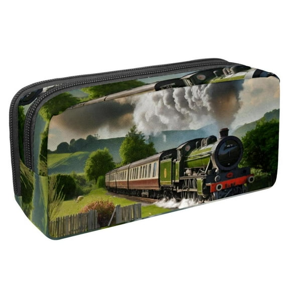 MUOOUM Pencil Case, Steam Train Railway Pattern Large Capacity Pencil Pouch Stationery Pen Bag
