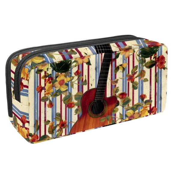 MUOOUM Pencil Case, Stripe Flower Guitar Pattern Large Capacity Pencil Pouch Stationery Pen Bag