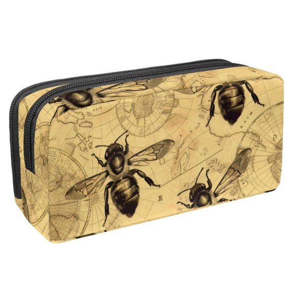 MUOOUM Pencil Case, Vintage Map Bee Pattern Large Capacity Pencil Pouch Stationery Pen Bag