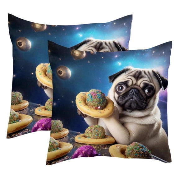 MUOOUM Pug Dog and Donuts in Galaxy Set of 2 Throw Pillow Covers Cases - 16" x 16" Square Decorative Cushion Covers for Sofa Couch Bed Home Decoration