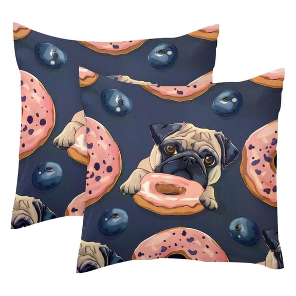 MUOOUM Pug Dog Eating Donuts Pattern Set of 2 Throw Pillow Covers Cases - 16" x 16" Square Decorative Cushion Covers for Sofa Couch Bed Home Decoration