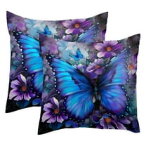 MUOOUM Purple Blue Butterfly Flowers Set of 2 Throw Pillow Covers Cases - 16" x 16" Square Decorative Cushion Covers for Sofa Couch Bed Home Decoration