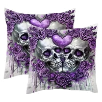 MUOOUM Purple Flowers Love Skull Set of 2 Throw Pillow Covers Cases - 16" x 16" Square Decorative Cushion Covers for Sofa Couch Bed Home Decoration