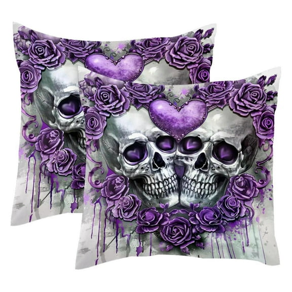 MUOOUM Purple Flowers Love Skull Set of 2 Throw Pillow Covers Cases - 16" x 16" Square Decorative Cushion Covers for Sofa Couch Bed Home Decoration