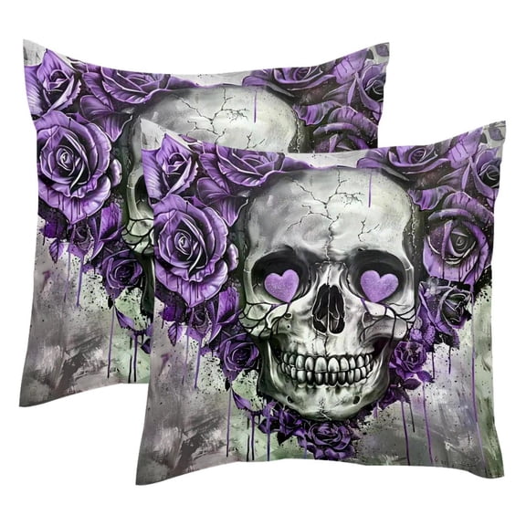 MUOOUM Purple Rose Skull Love Set of 2 Throw Pillow Covers Cases - 16" x 16" Square Decorative Cushion Covers for Sofa Couch Bed Home Decoration