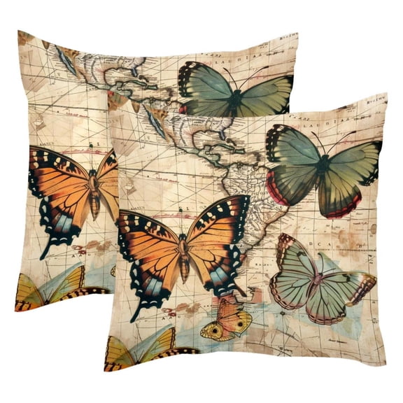 MUOOUM Vintage Butterflies Maps Pattern Set of 2 Throw Pillow Covers Cases - 16" x 16" Square Decorative Cushion Covers for Sofa Couch Bed Home Decoration