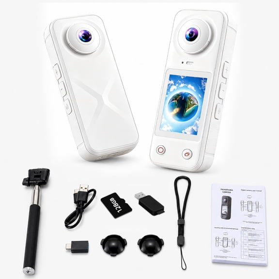 MUOXUEQN 360 Camera for Motorcycle comes with a 128GB memory card and a selfie stick. It can be mounted or handheld, making it perfect for recording rides.
