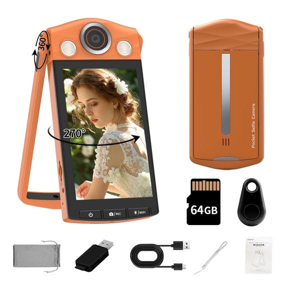 MUOXUEQN Flip Selfie Camera, 64MP Digital Camera with 3.5" Touchscreen, Dual-Color Fill Light, Bluetooth Remote, WiFi, Student Vlog Camera,
