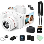 MUOXUEQN Vlogging Mirrorless Camera, 12X Optical Zoom, 64MP, 5K Ultra-HD, with 32GB Memory Card, Camera Bag, White