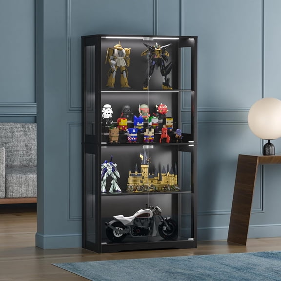 MUPATER Display Cabinet with Glass Doors, 70 Tall Glass Display Case with 3 Colors Lights for Collectibles, 4-Tier Curio Cabinet with Human Body Sensor for Toys and Books, Black