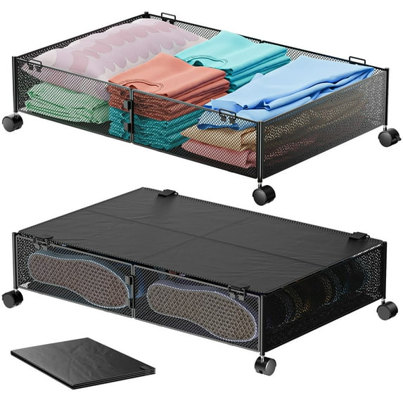 MURBONE Under Bed Storage with Wheels Containers Shoe Storage Organizer Drawer, Metal Foldable Under Bed Drawers on Wheels for Shoes, Clothes, Toys, Blankets (2 Pack) C55