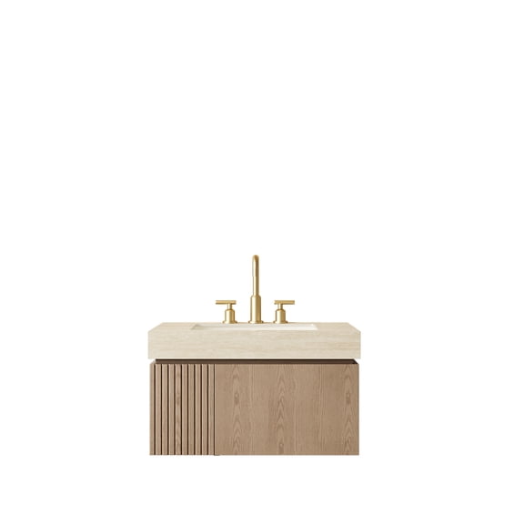 MURI 30" Bathroom Vanity&Sink, Floating Plywood Storage Cabinet with Drawer&Door, Roma Travertine Sintered Stone Top&Ceramic Basin with 3 Pre-drilled Faucet Holes, Pre-assembled, Heidelberg Woodgrai
