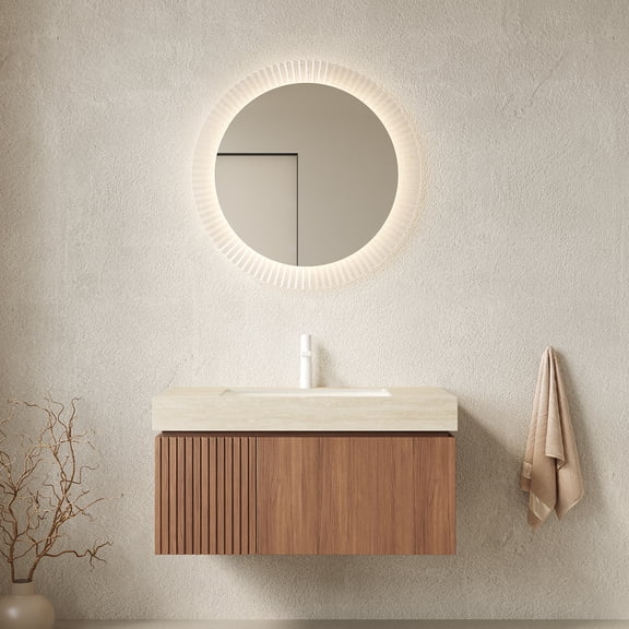 MURI 36" Bathroom Vanity&Sink, Floating Plywood Storage Cabinet with Drawer&Door, Roma Travertine Sintered Stone Top&Ceramic Basin with 1 Pre-drilled Faucet Hole, Pre-assembled, Brown Oak Woodgrain