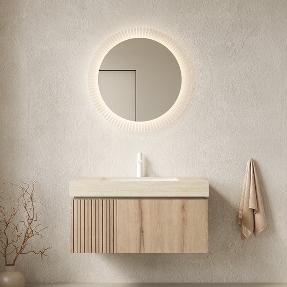 MURI 36" Bathroom Vanity&Sink, Floating Plywood Storage Cabinet with Drawer&Door, Roma Travertine Sintered Stone Top&Ceramic Basin with 1 Pre-drilled Faucet Hole, Pre-assembled, White Oak Woodgrain