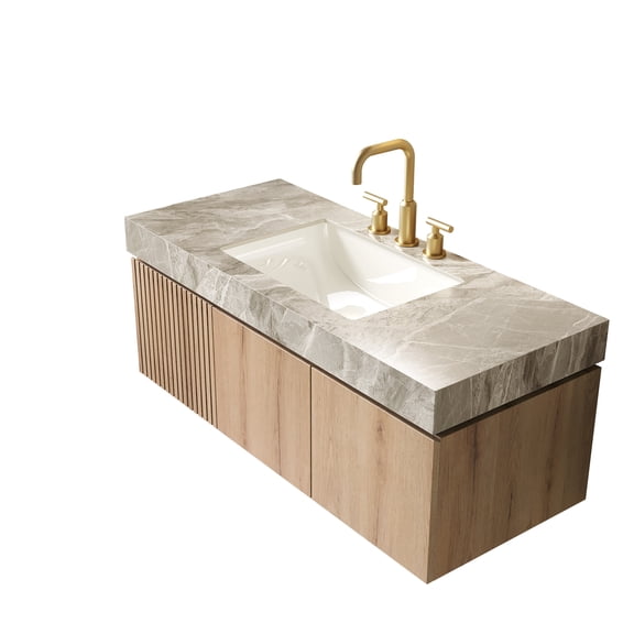 MURI 48" Bathroom Vanity&Sink, Floating Plywood Storage Cabinet with Drawer&Doors, Light Gray Sintered Stone Top&Ceramic Basin with 3 Pre-drilled Faucet Holes, Pre-assembled, White Oak Woodgrain Col