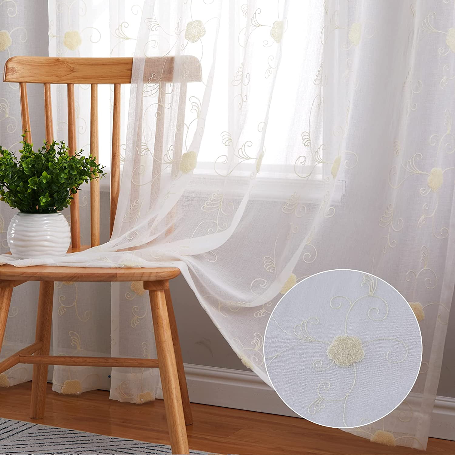 MURMUREY Semi Sheer Curtains 84 Inches Long 2 Panels, Floral ...