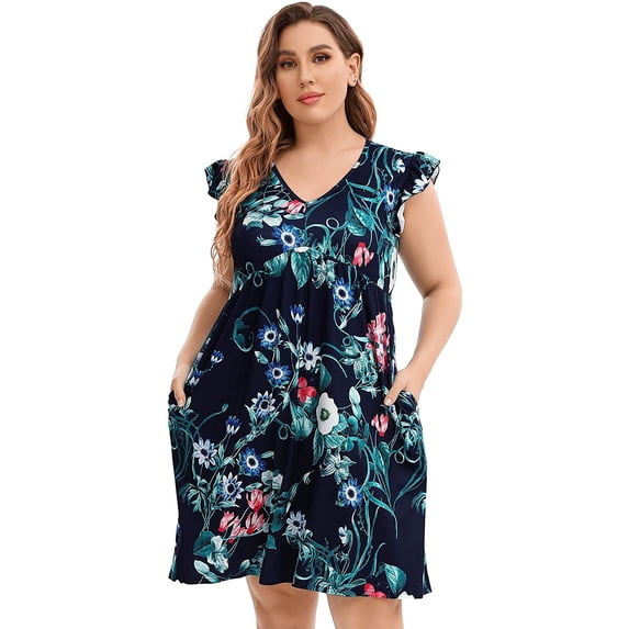 MURMUREY Women Plus Size Summer Casual T Shirt Dress Short Sleeve V Neck Loose Swing Midi Dress with Pockets