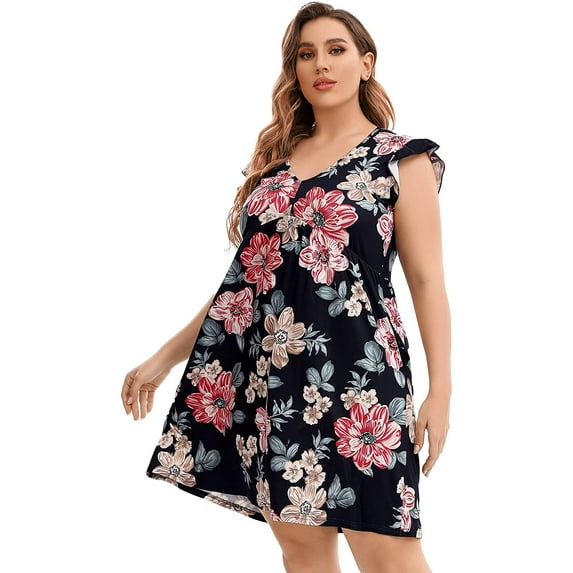 MURMUREY Women Plus Size Summer Casual T Shirt Dress Short Sleeve V Neck Loose Swing Midi Dress with Pockets