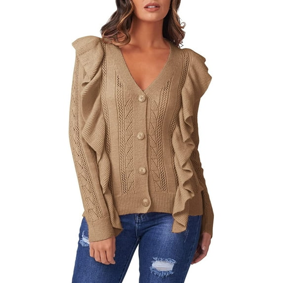 Yesfashion Womens Long Sleeve Ruffle Cropped Cardigans 2022 Fall Casual V Neck Button Down Sweater Outwears