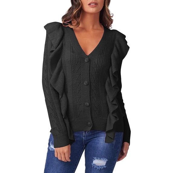 Yesfashion Womens Long Sleeve Ruffle Cropped Cardigans 2022 Fall Casual V Neck Button Down Sweater Outwears