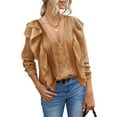 thumbnail image 1 of MURMUREY Womens V Neck Ruffle Knit Button Down Sweater Cardigans Long Sleeve Pullovers Top, 1 of 6