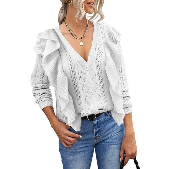 MURMUREY Womens V Neck Ruffle Knit Button Down Sweater Cardigans Long Sleeve Pullovers Top